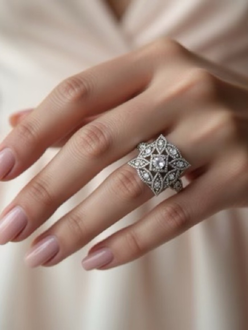 Princess Engagement Vintage Style Ring Bridal Floral Crystals Silver Tone